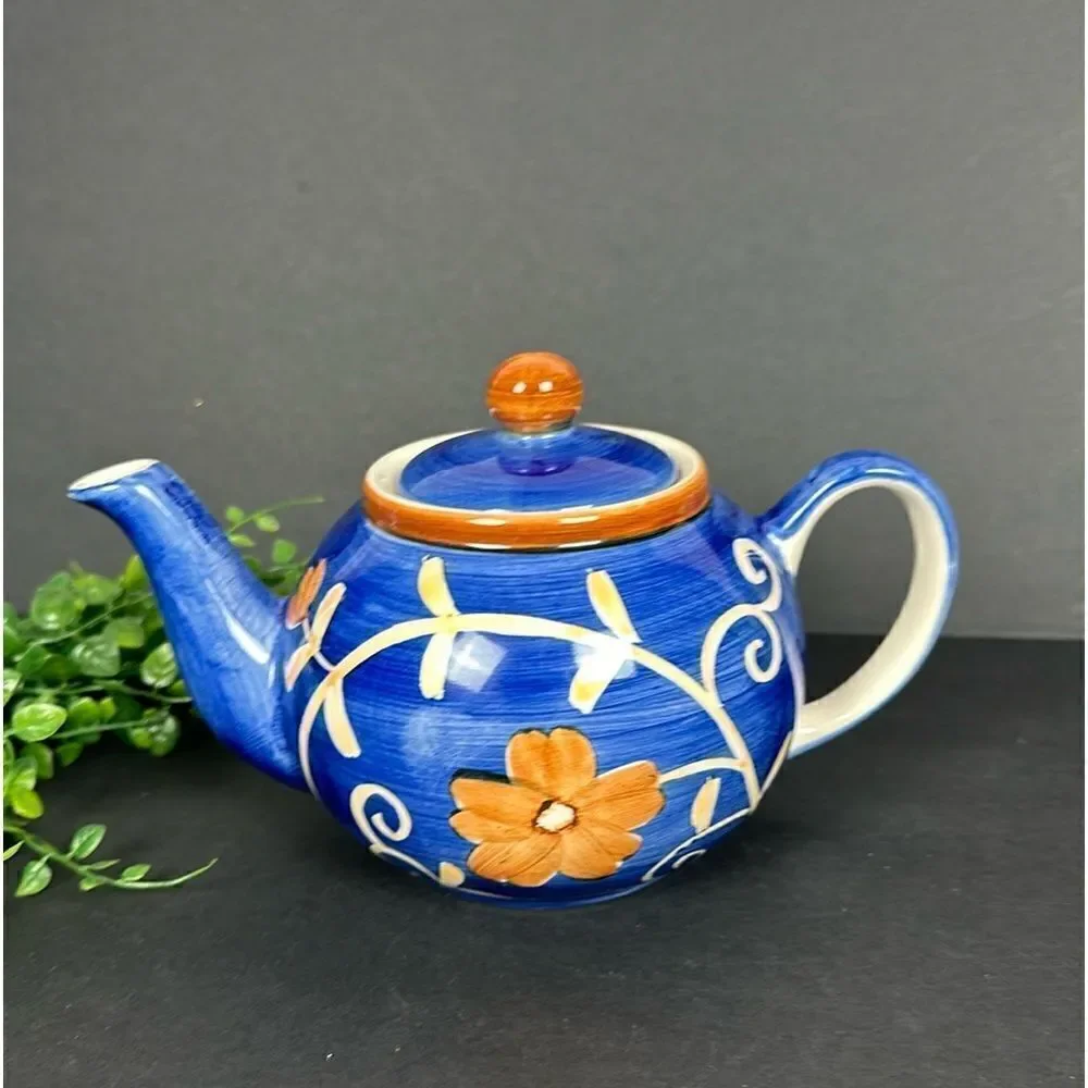 Herman Dodge & Son Ceramic Teapot Blue White Beige Floral Hand Painted